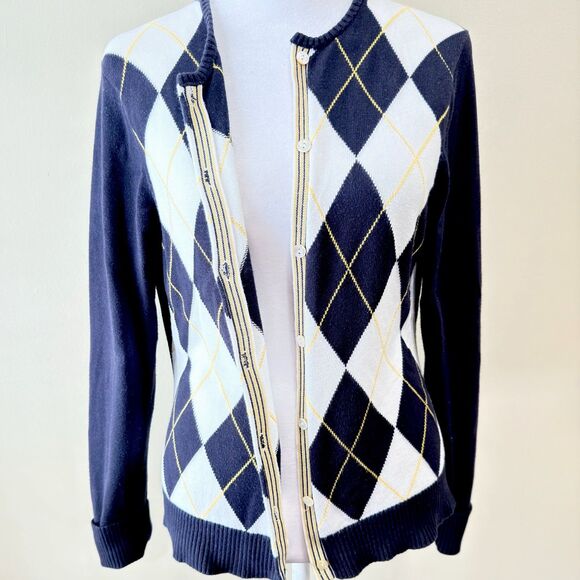 Lands End Sweater Women’s Sm 6-8 Blue White Argyle Cardigan 100% Supima Cotton - Picture 4 of 8